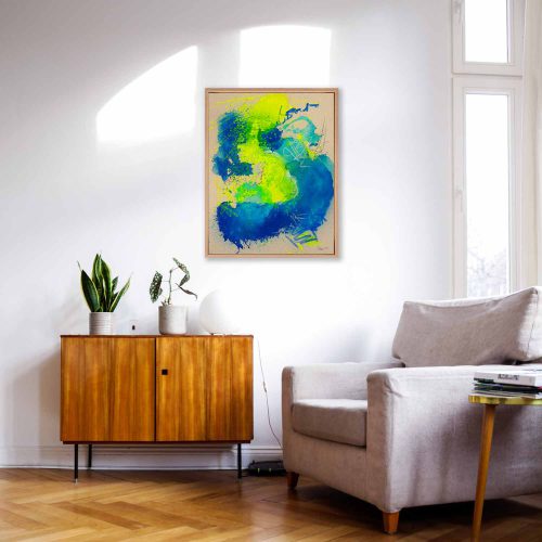 OCEANS - ein abstrakt gemaltes Leinwandbild in 60c80 cm Größe. Strahlend blau, kräftiges türkis und ein starkes neongelb auf naturfarbenem Malgrund. 