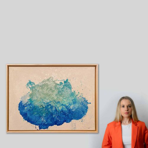 WASTE A MOMENT - ein abstrakt gemaltes Bild der Künstlerin Sophie Friederichs. verschiedene Blau- und Türkistöne auf beigefarbenem Untergrund.